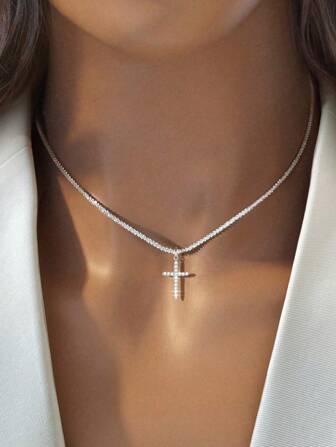 1pc Sparkling White Moissanite Cross Pendant Necklace, S925 Sterling Silver, Elegant Jewelry Gift For Women, Suitable For Daily Wear