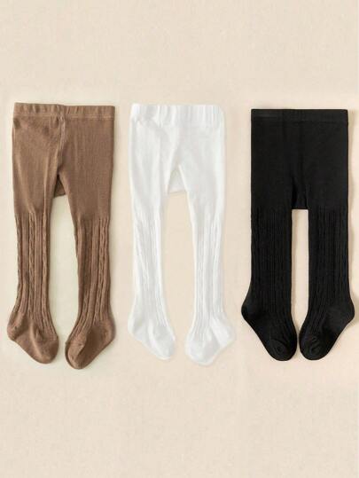 3 pares de mallas acanaladas para niños, leggings de unicolor versátiles, pantalones de diseño de punto con trabillas