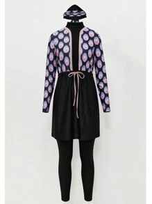 Women Muslim Swimwear Islamic Modest Swimsuit 3 Pieces Full Cover Hijab Long Sleeve Burkini Top Dress + Pants - Black - View 7