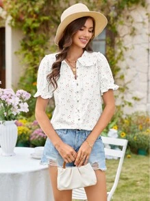 Graduation Women's Peter Pan Collar Button Frilled Short Sleeve Tops, Summer Casual Cotton Vintage Floral Shirt - 白花 - 查看 2