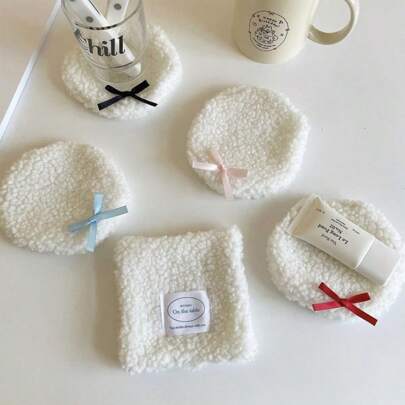 1PC Chic White Plush Coaster, Small Heat-Resistant Cup Mats, Placemat, Cup Tableware Drying Mat, Decorative Protect Mat For Table, Photography Background And Desktop Decor