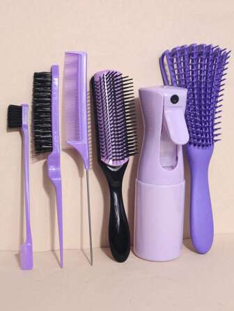 1/3/5/6/7pcs Hairdressing Comb Set, Brush Wet Dry Curling Brush, Suitable For Natural 3/4 Abc Curly Hair, Superfine Spray Spray Bottle Hairdressing Brush Mouse Tail Comb Edge Brush, Used For Edge And Back Brush, Used For Thick And Thin Hair Care, Hairstyling Tools