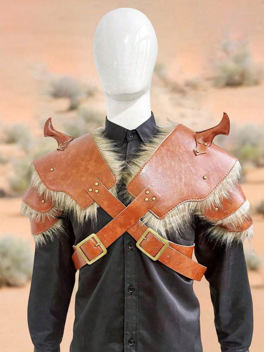 2pcs (1 Pair) Brown Retro Viking Warrior Knight Fluffy & PU Leather Horn Shoulder Guard Armor, Carnival Holiday Festival Stage Costume Prop Halloween - Brown - View 1