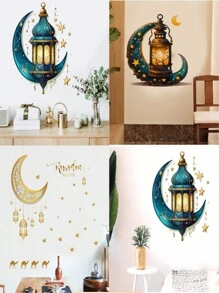 1 片 13.7*15.7 英寸蓝色卡通月亮星星城堡墙贴，家居装饰，自粘图片，Rama Decor，Rama 贴纸，墙贴，乙烯基贴纸，用于家居装饰，春季装饰，焕新您的家，Rama Decor E-I-D - 藍色 - 查看 1