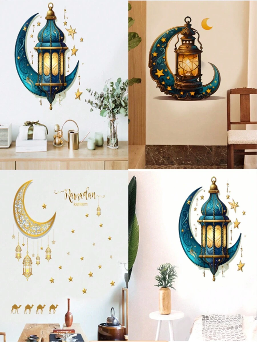 1 片 13.7*15.7 英寸蓝色卡通月亮星星城堡墙贴，家居装饰，自粘图片，Rama Decor，Rama 贴纸，墙贴，乙烯基贴纸，用于家居装饰，春季装饰，焕新您的家，Rama Decor E-I-D - 藍色 - 查看 1