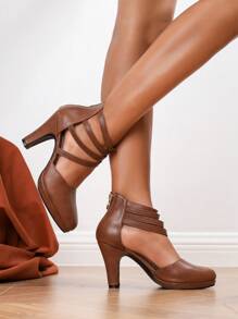 秋冬女士棕色高跟凉鞋，多条踝带拉链设计，粗跟，圆头，镂空，舒适优雅，适合夏季穿着，优雅，适合派对，女士厚底高跟鞋 - 棕色 - 查看 3