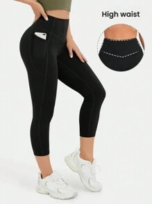Leggings décontractés à taille haute avec poches, couleur unie, pour un port quotidien