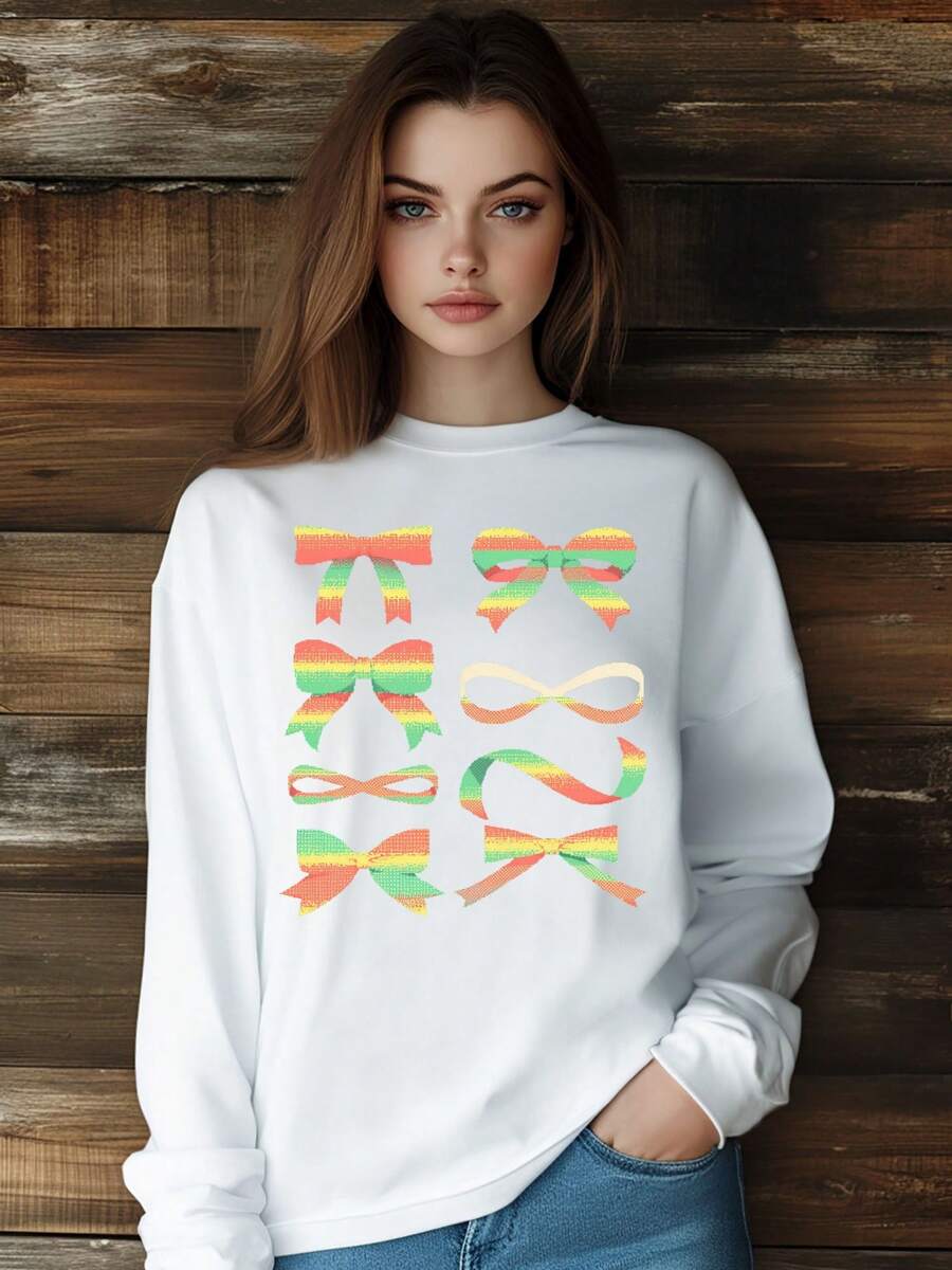 Women Colorful Ribbon Bow Butterfly Stars Rose T-Shirt Fashion Print Long Sleeve Round-Neck Loose Fit Tops Streetwear - White - View 1