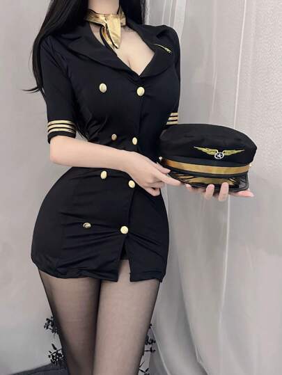 Costume de pilote de ligne et d'hôtesse de l'air sexy, tenue de jeu de rôle de déguisement pour Halloween