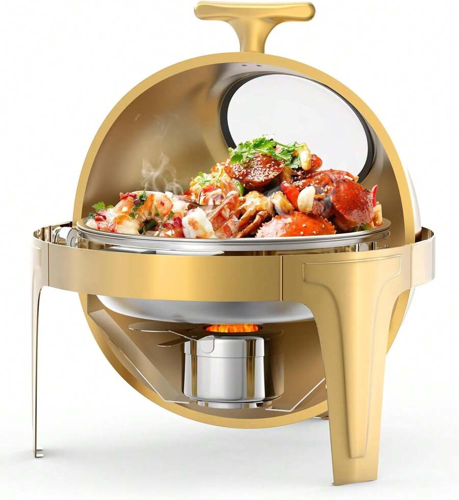 6.3 Quart Round Roll Top Chafing Dish Buffet Set, Stainless Steel Buffet Food Warmer Servers Chafer For Catering With Glass Window For Party Wedding Banquet Graduation Event, Gold - Gold - View 1