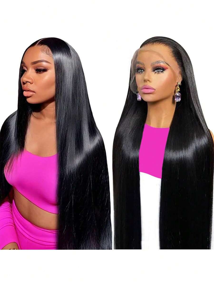 直发蕾丝前部假发 13x4 180% 密度透明蕾丝前部真人发假发 适合女性 已拔取婴儿头发 - 黑色 - 查看 1