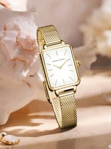 HANNAH MARTIN 1 Stück Mode Quadratische Uhr 34mm Rosegold&Silber&Gold&Schwarz, minimalistischer Stil, original japanisches importiertes Uhrwerk, Edelstahl Mesh Armband, Damen Lässig Armbanduhr