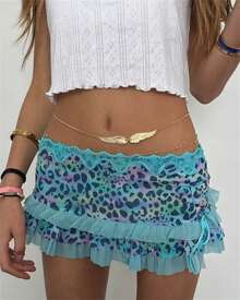 Women Low Waisted Leopard Print Mini Skirt Sexy Ruffle Lace Edge Mini Skirt Skorts - 藍色 - 查看 2
