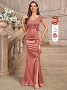 MIUSOL Deep V-Neck Contrast Sequin Lace Ruffle Mermaid Hem Satin Evening Party Maxi Dress - Dusty Pink - View 2