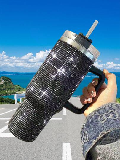 1pc 40oz Large Capacity Water Bottle With Handle & Straw, 1200ML Rhinestoned Insulated Stainless Steel , Suitable For Traveling, Commuting, Home & Daily Use, Water Bottle Cup Bottle Water Glasses Drinkware