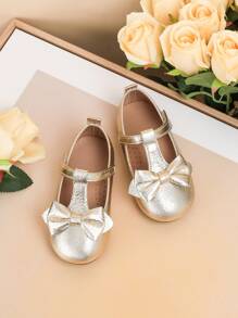 2025 新款时尚婴儿平底鞋，1 双金色儿童平底鞋，幼儿派对蝴蝶结女童鞋 - 金色 - 查看 4