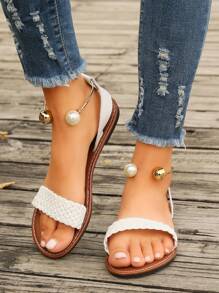 Sandalias planas decorativas tejidas para mujer, sandalias de playa con cuentas