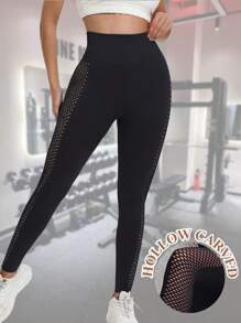 女士瑜伽运动裤高腰高弹力提臀紧身裤镂空运动服贴身柔软面料性感撞色网眼提臀束腰休闲简约渔网宽腰带无缝健身渔网运动裤骑行裤训练跑步健身房骑行女吸汗透气紧身