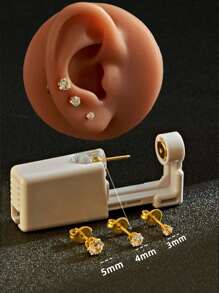 1 套医用级无菌耳洞穿刺套件，一次性低痛耳软骨穿刺枪，带 3AAA 皇冠方晶锆石金耳钉，3 毫米/4 毫米/5 毫米尺寸，男女通用的耳部美容工具及配件