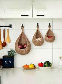 1pc Boho Macrame Wall Hanging Basket, Linen Fruit & Vegetable Storage Hook For Kitchen, Garlic & Onion Rack, Home And Dining Decor Organizer - Multicolor - View 4