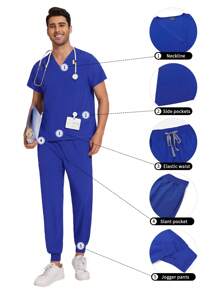 手术服套装男多色短袖上衣+慢跑裤套装护理慢跑裤宠物兽医工作手术服制服男护士套装 - 寶藍色 - 查看 1