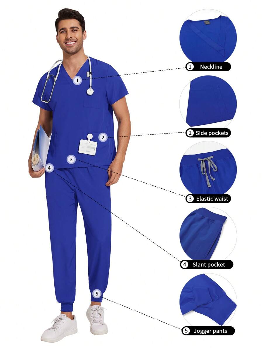 手术服套装男多色短袖上衣+慢跑裤套装护理慢跑裤宠物兽医工作手术服制服男护士套装 - 寶藍色 - 查看 1