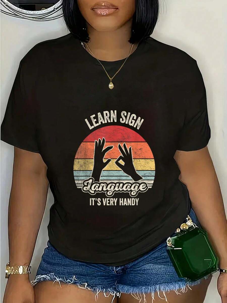 Retro Vintage Learn Sign Language ASL Deaf Gift ASL Teacher T-Shirt - Black - View 1