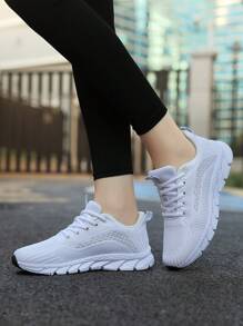 New Plus Size Light Breathable Mesh Fabric Athletic Shoes, Casual Soft Sole Non-Slip Running Shoes For Women, Minimalistic Comfortable Sneakers, Walking Shoes, Unisex Sports Shoes, Couple's Travel Casual Running Shoes, Women's Road Running Shoes - White - View 5