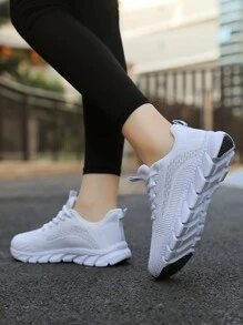 New Plus Size Light Breathable Mesh Fabric Athletic Shoes, Casual Soft Sole Non-Slip Running Shoes For Women, Minimalistic Comfortable Sneakers, Walking Shoes, Unisex Sports Shoes, Couple's Travel Casual Running Shoes, Women's Road Running Shoes - White - View 6