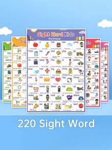 Set de 5 carteles con palabras en inglés de alta frecuencia de 220 palabras de uso frecuente, diseño divertido y creativo, para que los estudiantes aprendan palabras en inglés, ayuda de enseñanza, decoración del aula