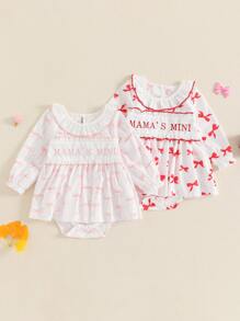 Baby Girl Spring Romper Dress Long Sleeve Ruffled Letter Embroidery Bow Print Jumpsuit - Red - View 2