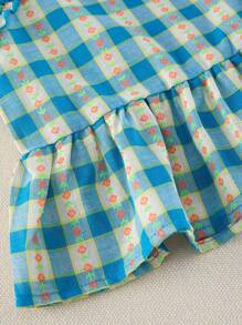 2pcs Girls Young Girl Casual Floral Plaid Pattern Shirred Collar & Sleeves Tank Top & Wide Leg Pants Set, Summer