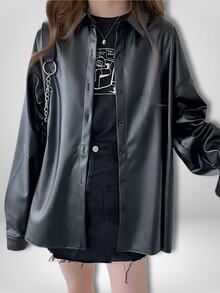 Camisera tipo Chaqueta de Piel Sintetica Negra con Forro Afelpada con Botones Manga Larga Unicolor Y2K para otoño e invierno vestimenta oeste para mujer Sexy y Con Estilo Motociclista o Moda - Negro - Ver 5