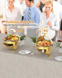 6.3 Quart Round Roll Top Chafing Dish Buffet Set, Stainless Steel Buffet Food Warmer Servers Chafer For Catering With Glass Window For Party Wedding Banquet Graduation Event, Gold - Gold - View 6