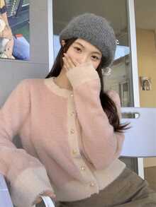 女士春秋休闲撞色毛绒前扣开衫 - 粉色 - 查看 3