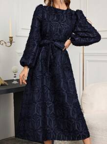 复古灯笼袖系腰连衣裙，优雅