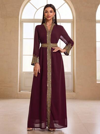 YISIKADO Women's Arabic Style Banquet Evening Dress, Chiffon Lace Embroidery Stand Collar Long Sleeve Belted Dress, Party Dress, Wedding Guest Dress, Formal Dress,Gown
