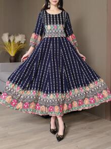 Style Bohemian Printed Embroidered Dress, Vintage Flowy Long Dress, Casual Holiday Beach Wear, Plus Size - Violet Purple - View 1