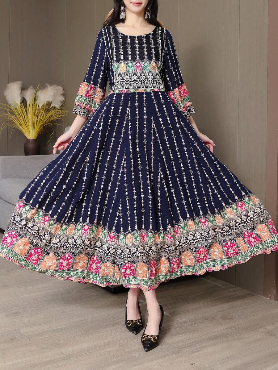 Style Bohemian Printed Embroidered Dress, Vintage Flowy Long Dress, Casual Holiday Beach Wear, Plus Size - Violet Purple - View 1