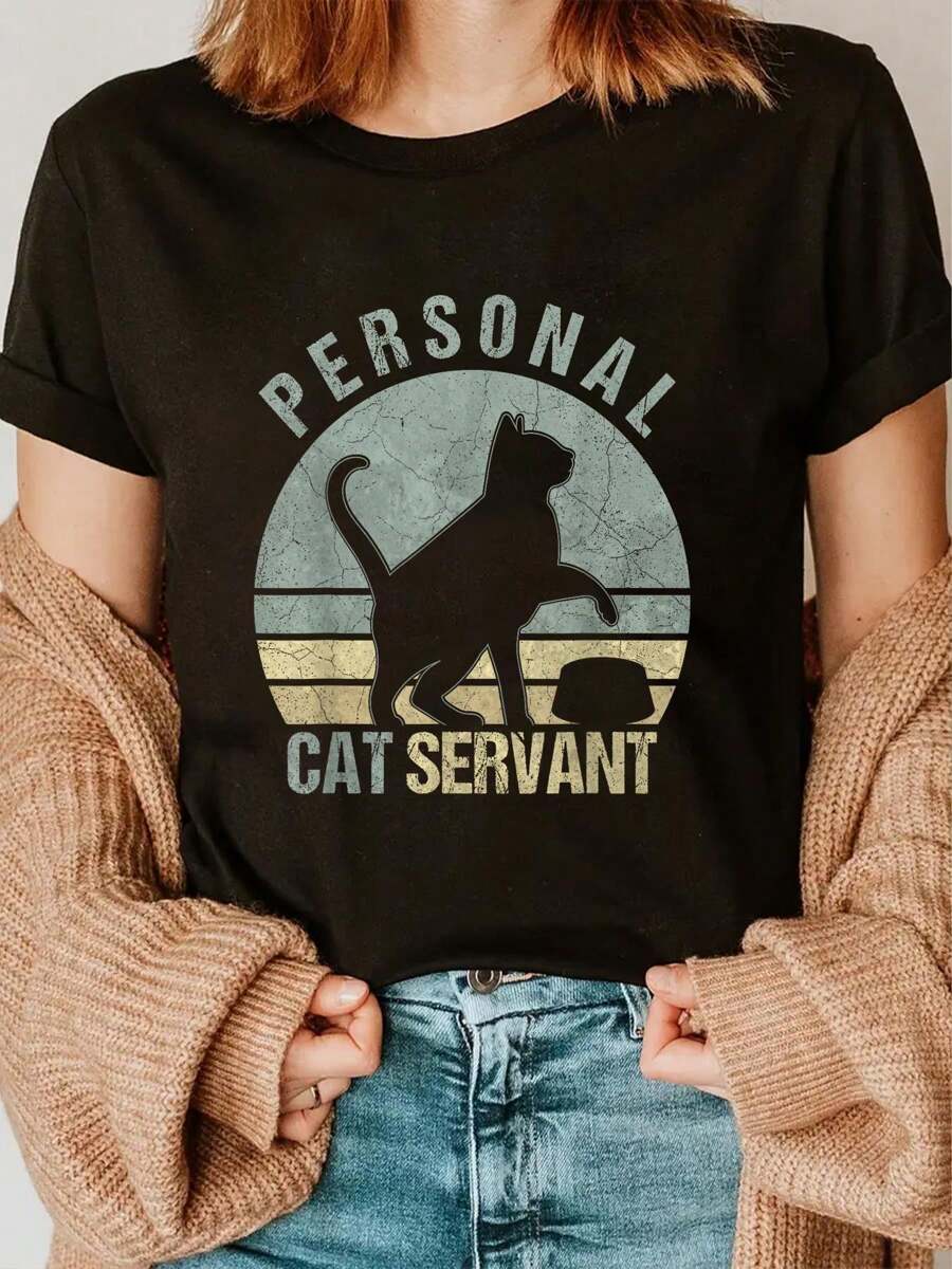 100% Cotton Casual Tshirt Personal Cat Servant Funny Black Cat Lovers Owners Mom Dad T-Shirt - Black - View 1