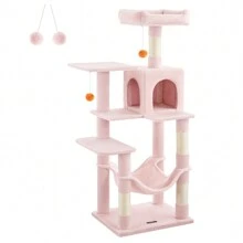 Feandrea Cat Tree, 143 Cm Cat Tower For Indoor Cats, Multi-Level Plush Cat Condo With 4 Scratching Posts, 2 Perches, Cave, Hammock, Pompoms, Jelly Pink