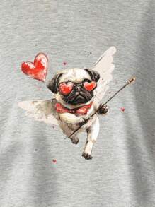 Women's Plus Size  Valentine's Day French Bulldog Funny Cartoon Retro Print T-Shirt Fashion Short Sleeve Round-Neck Tops Summer Streetwear