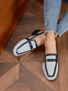 2025秋季女士时尚露趾拖鞋凉鞋，低跟拼色穆勒鞋，春夏帆布鞋杏色，乐福鞋 - 杏色 - 查看 5