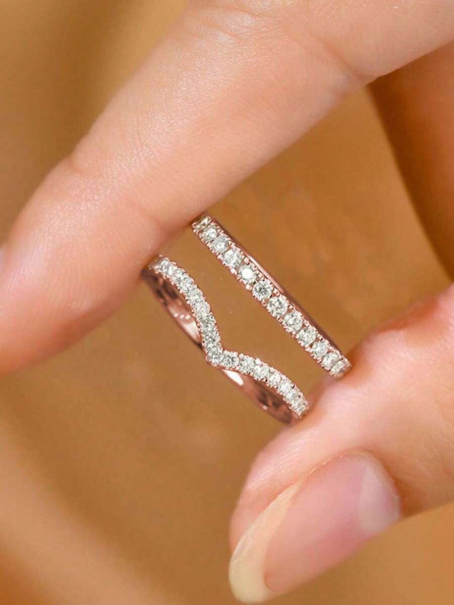 2 pièces Ensemble de bagues de mariage en or rose minimaliste en forme de V avec faux moissanite, bagues de fiançailles pour couple pour un port quotidien