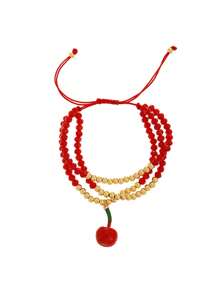 1pc Valentine's Day Y2K Creative Fashion Elegant Multi-Layer Resin Copper Cherry Strawberry Beaded Pendant Woven Bracelet Maas Red Lady Husband And Wife Sisters Couples Jewelry Gifts, Suitable For Daily Gifts Party Date Party Festival Wear Red Jewelry Adjustable Size,Mom,Mother,Mother's Day,Gift