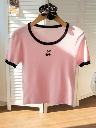 Cherry Embroidery Women's Casual Versatile Fitted Slim T-Shirt, Vintage Contrast Short Knit Top, Summer