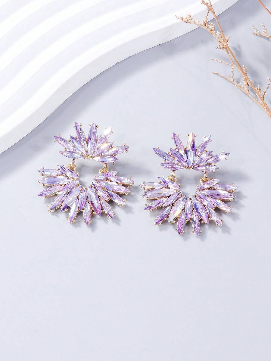 juran 1 Pair Bling Rhinestone Floral Dangle Earrings - Mauve Purple - View 1
