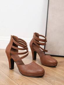 秋冬女士棕色高跟凉鞋，多条踝带拉链设计，粗跟，圆头，镂空，舒适优雅，适合夏季穿着，优雅，适合派对，女士厚底高跟鞋 - 棕色 - 查看 4
