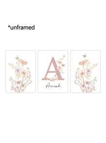 3pcs Frameless / Wood Frame Pink Personalized Name Custom Art Painting Flowers Canvas Hanging Picture Dopamine Picture Aesthetic Wall Art Kindergarten Decoration Girls Bedroom Decor Birthday Gift Gifts Graduation,Home Refresh,Home Decor Living Room - Pink - View 13
