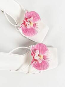 春夏优雅方头露趾高跟凉鞋，粉色3D立体花朵装饰细高跟凉鞋，适合户外旅行和派对穿着 - 白色 - 查看 7